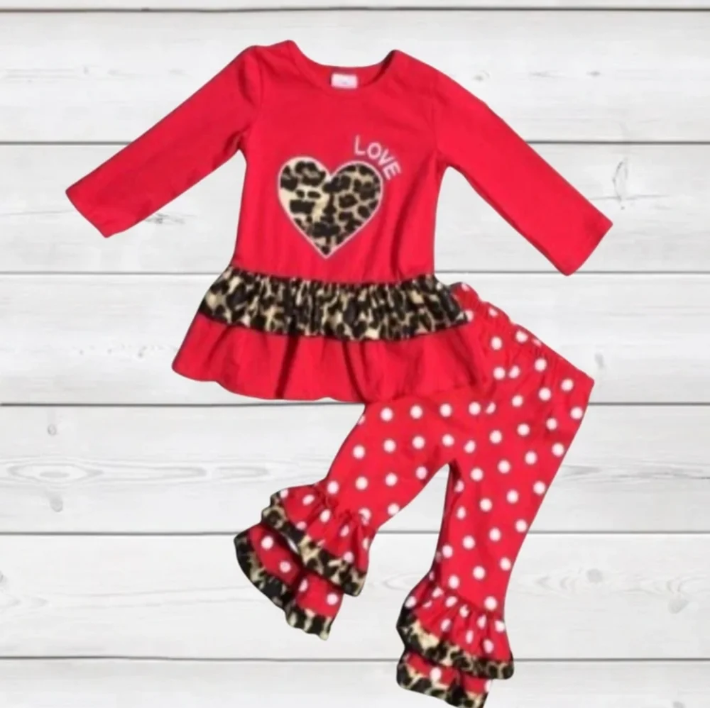 2 piece red love & leopard ruffled outfit boutique 2T - Picture 1 of 1